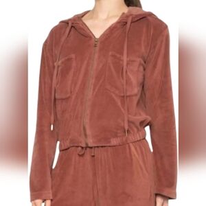 Young Fabulous & Broke Rust Brown Velour Hoodie Sweatshirt Jacket Top S